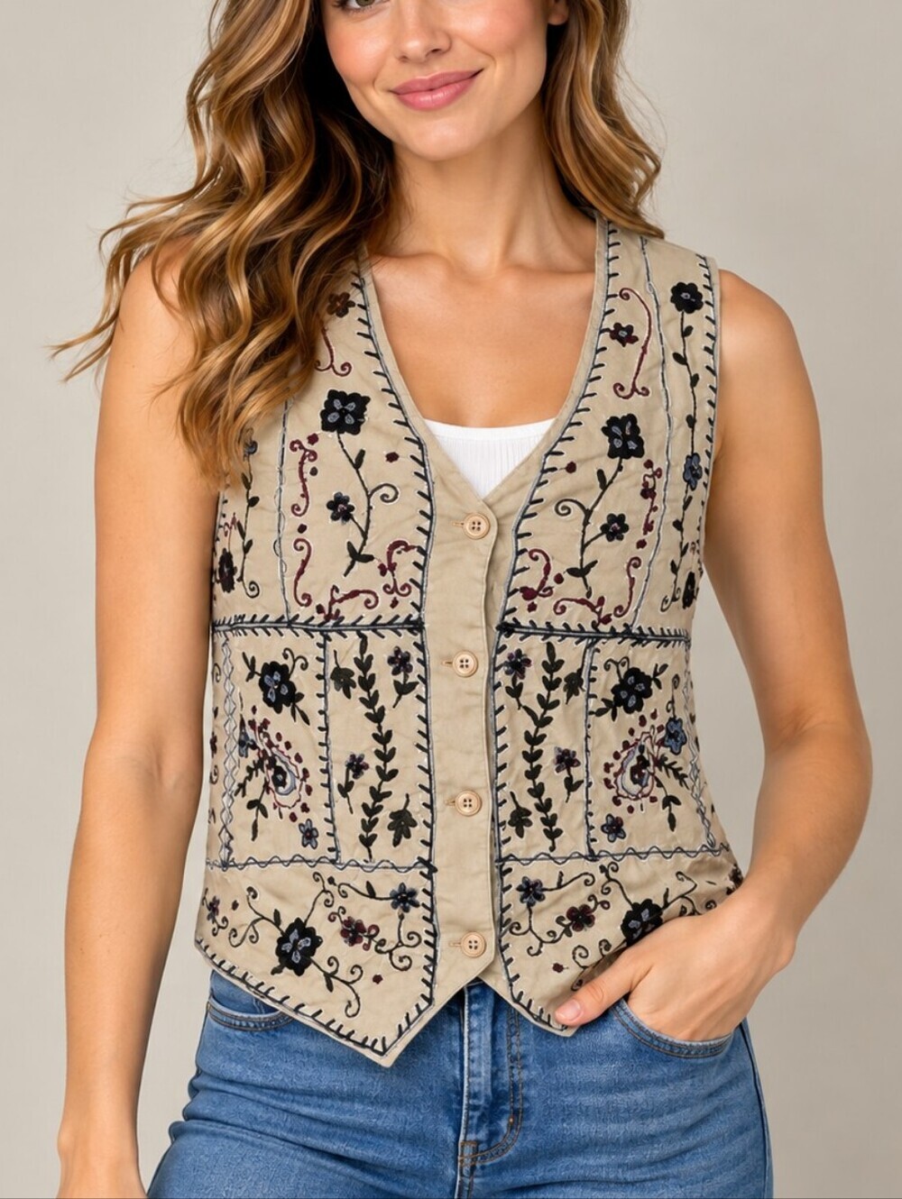 VTG BOBBIE BROOKS Tan Hungarian Floral Embroidered Waistcoat Vest